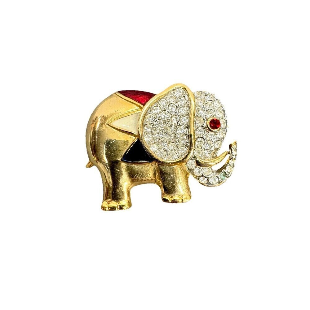 Vintage AD Enamel Rhinestones Elephant Pin Brooch Statement Gold Tone 2004